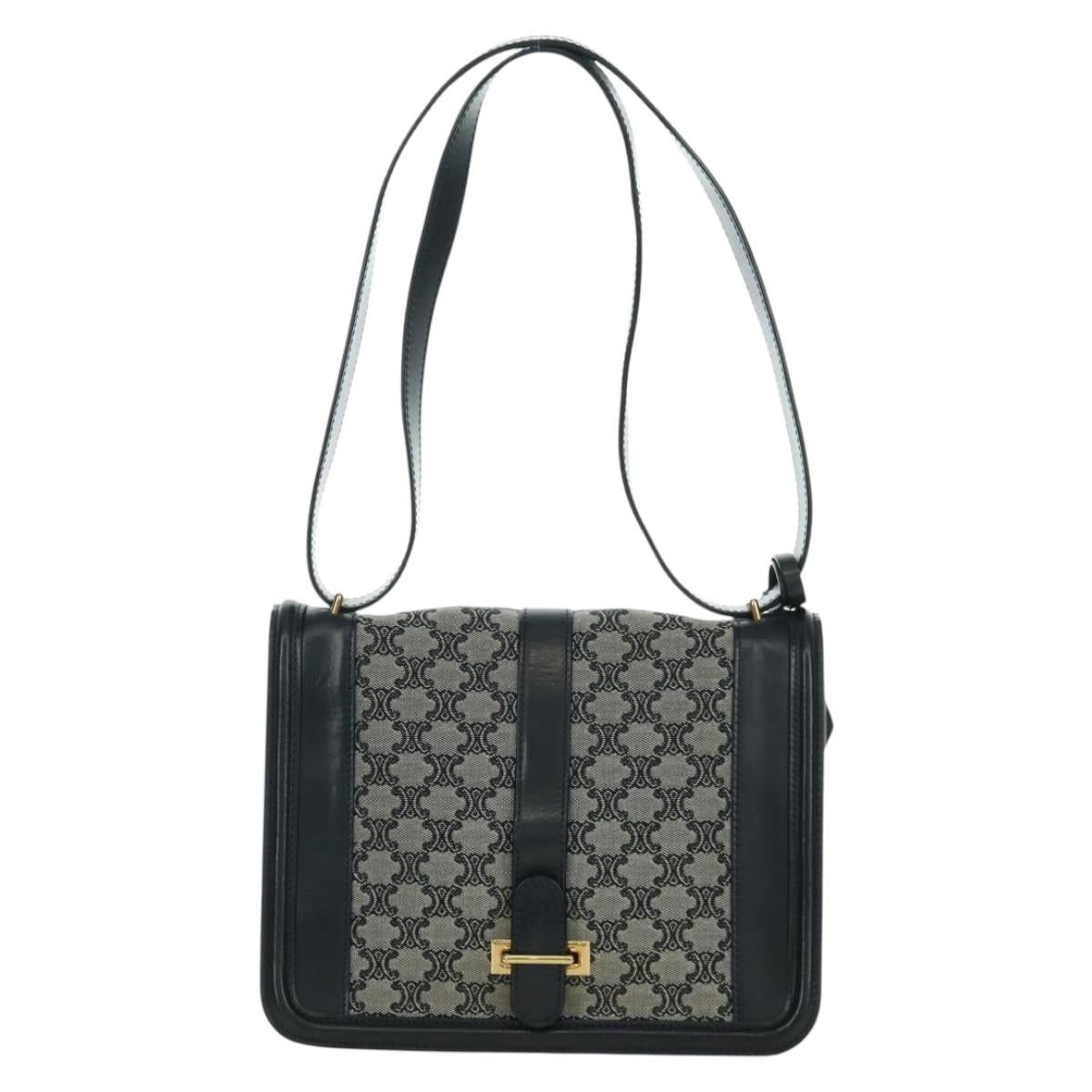 CELINE Macadam Canvas Shoulder Bag Black Gold Auth YKZ208V