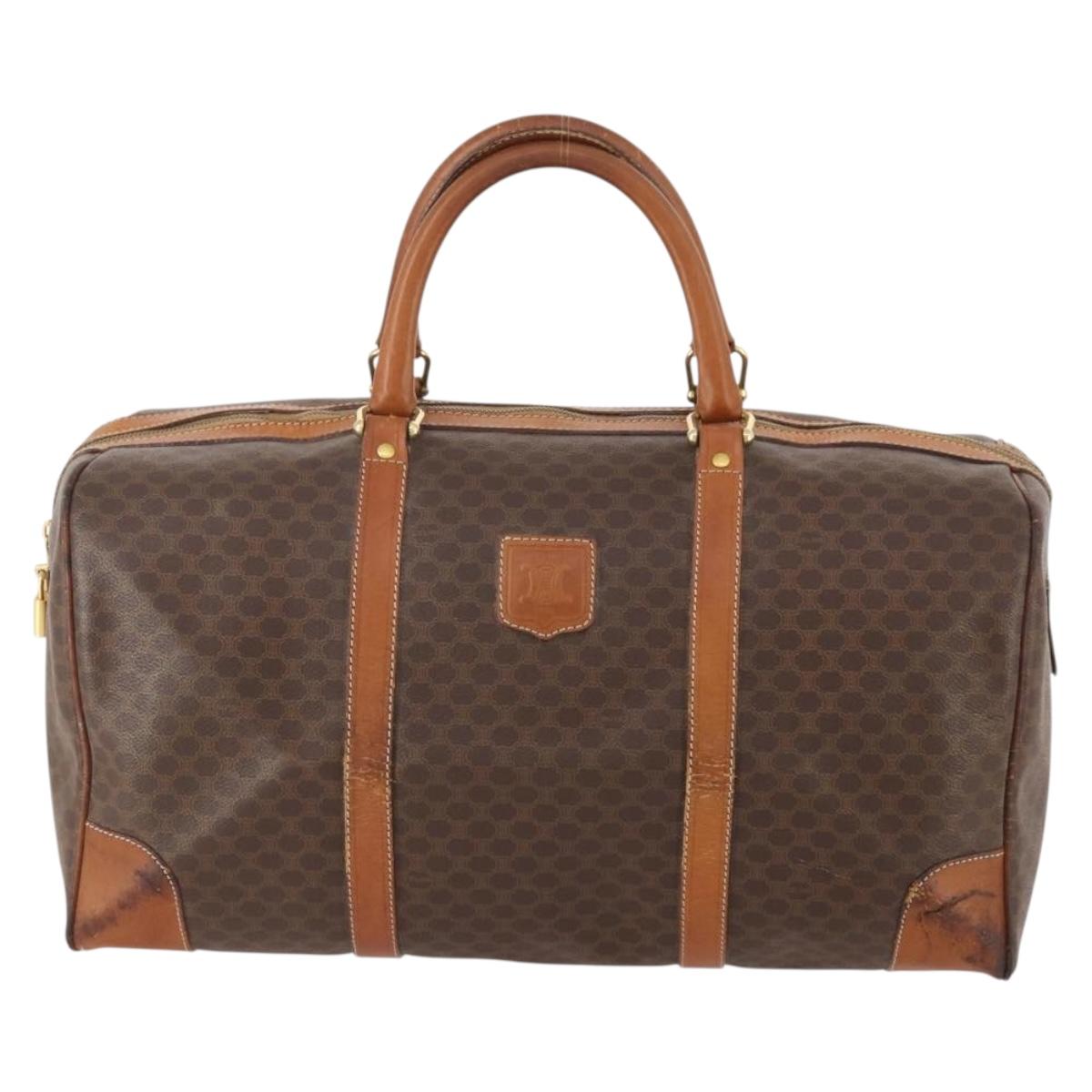 CELINE Macadam Canvas Boston Bag PVC Leather Brown Gold Auth YKZ215