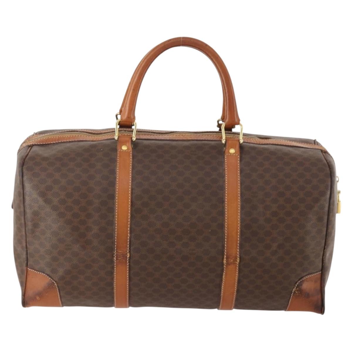 CELINE Macadam Canvas Boston Bag PVC Leather Brown Gold Auth YKZ215