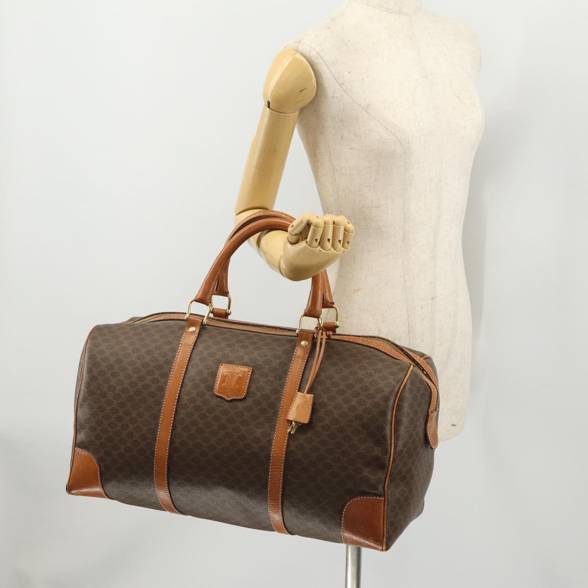 CELINE Macadam Canvas Boston Bag PVC Leather Brown Gold Auth YKZ216