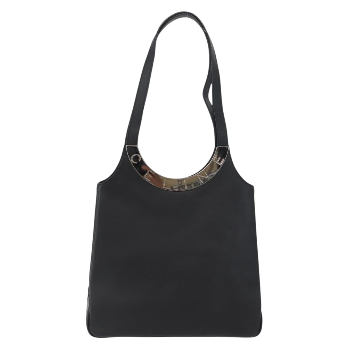 CELINE Tote Bag Leather Black Silver Auth YKZ261A