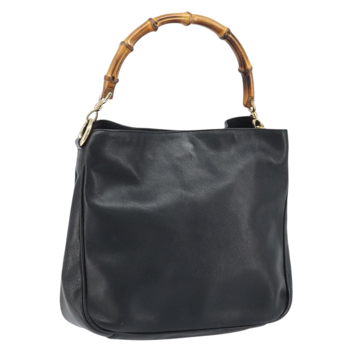 GUCCI Bamboo Hand Bag Leather Black Gold 001 1638 3754 Auth YKZ262