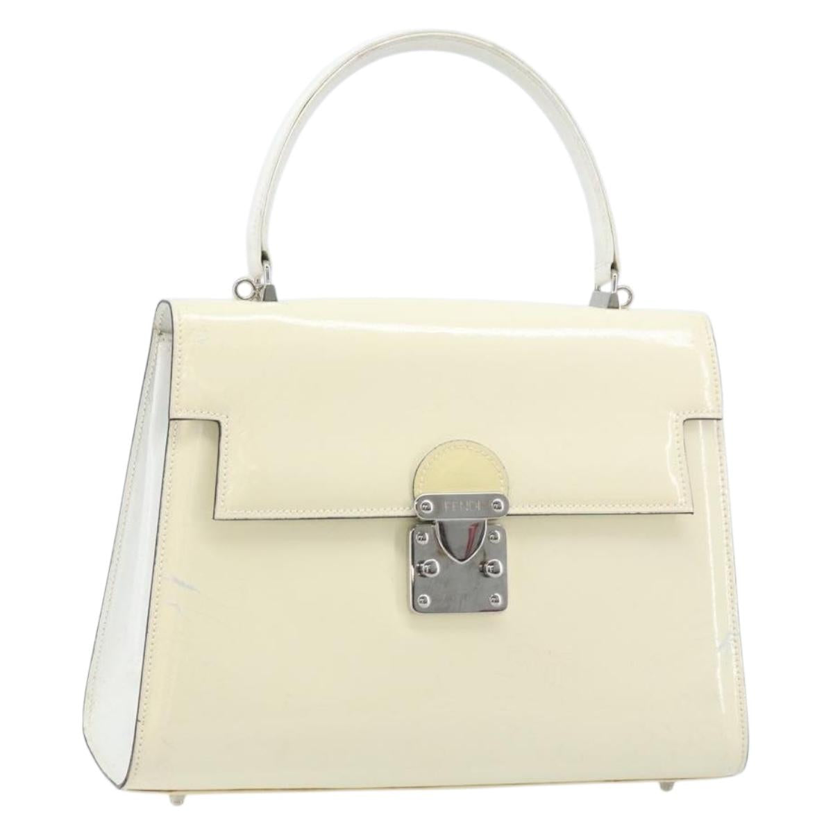 FENDI Hand Bag Patent leather Ivory Silver Auth YKZ263