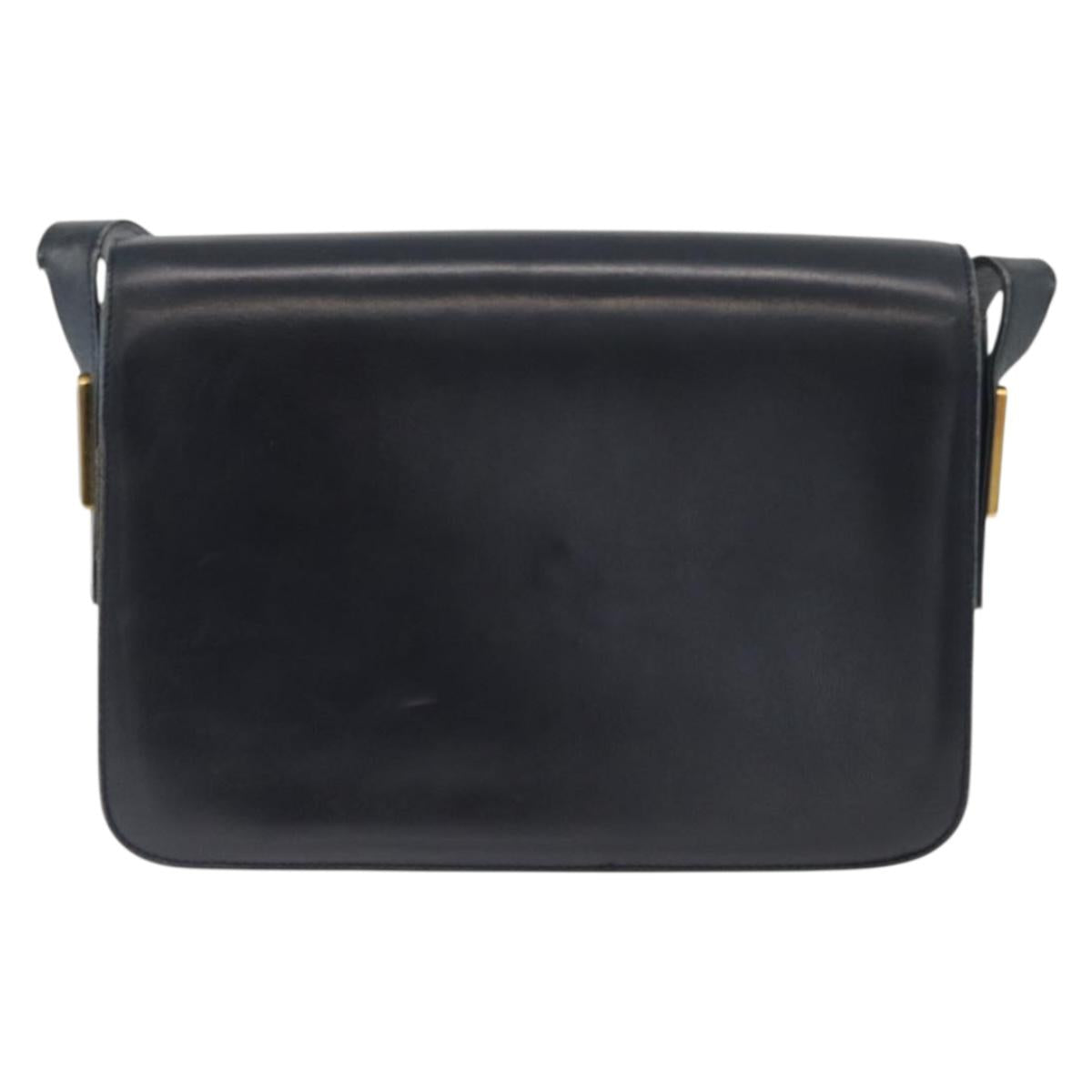 GUCCI Shoulder Bag Leather Navy Gold Auth YKZ288