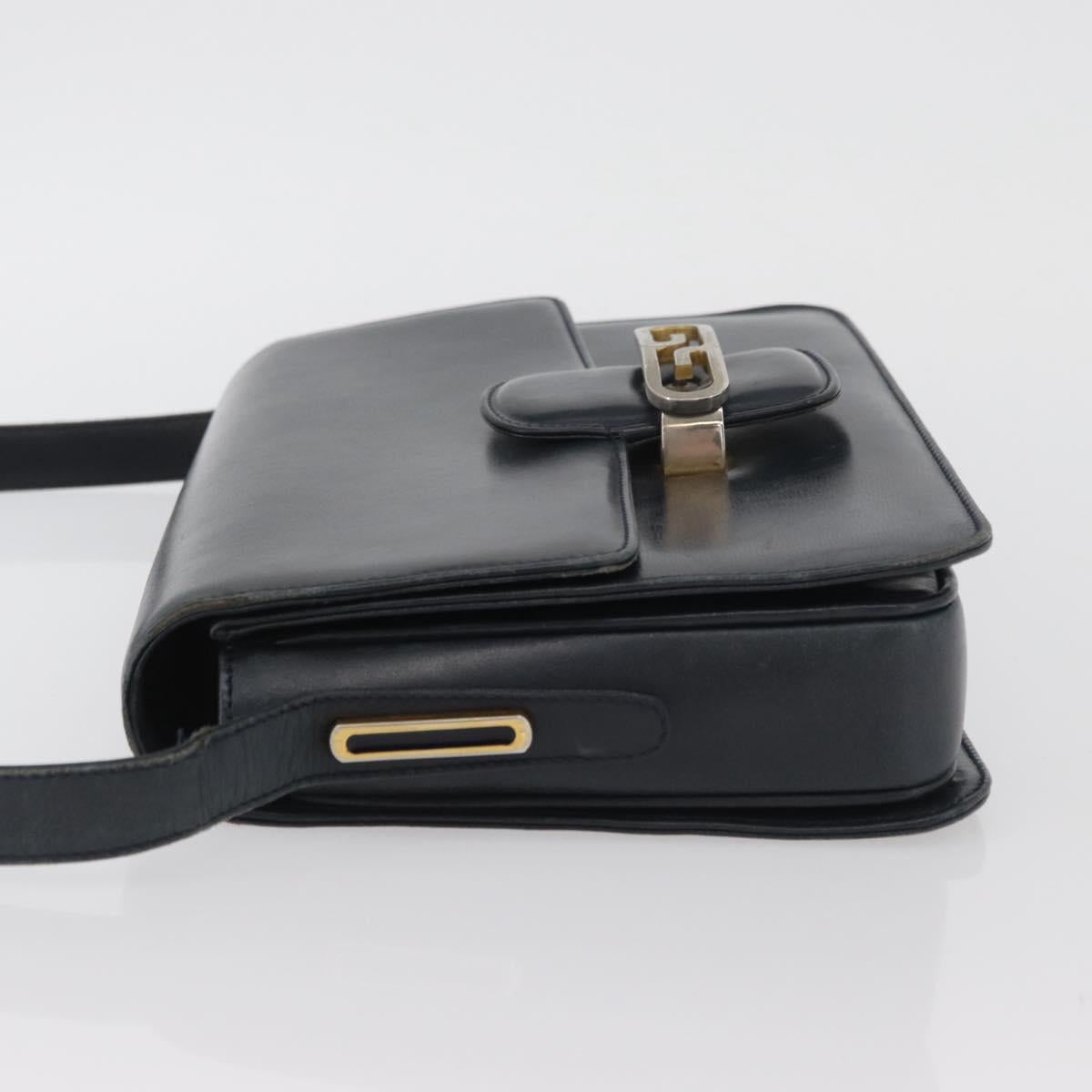 GUCCI Shoulder Bag Leather Navy Gold Auth YKZ288