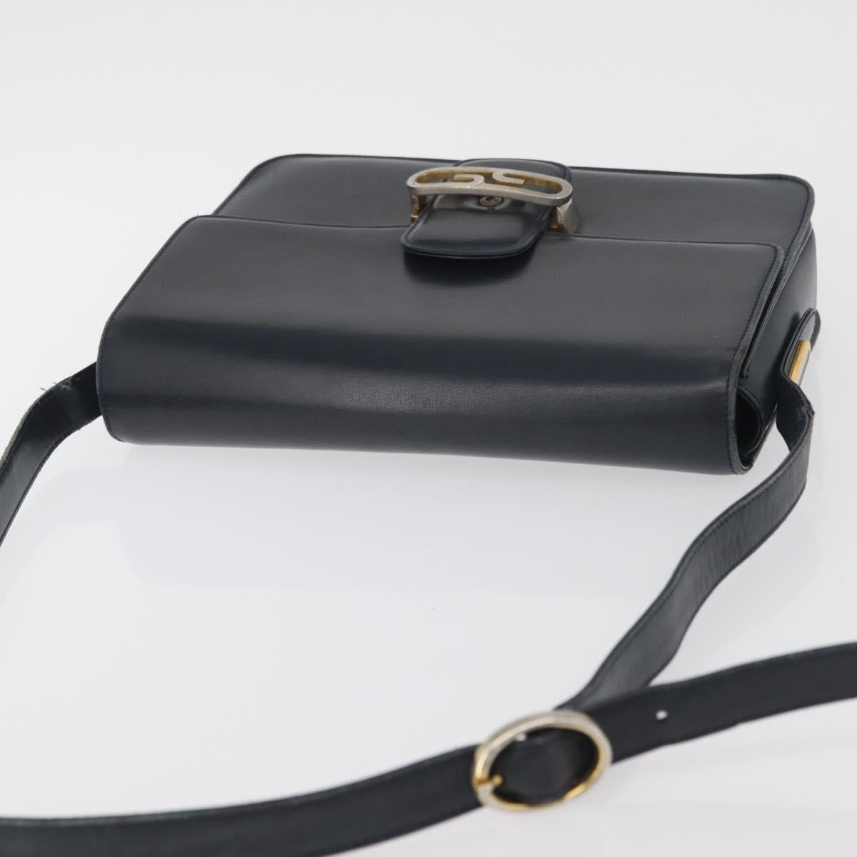 GUCCI Shoulder Bag Leather Navy Gold Auth YKZ288