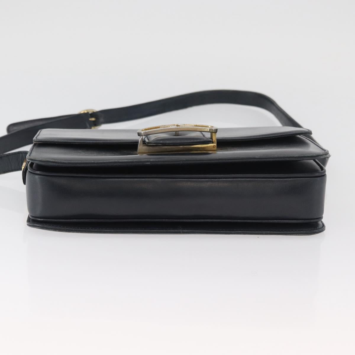 GUCCI Shoulder Bag Leather Navy Gold Auth YKZ288