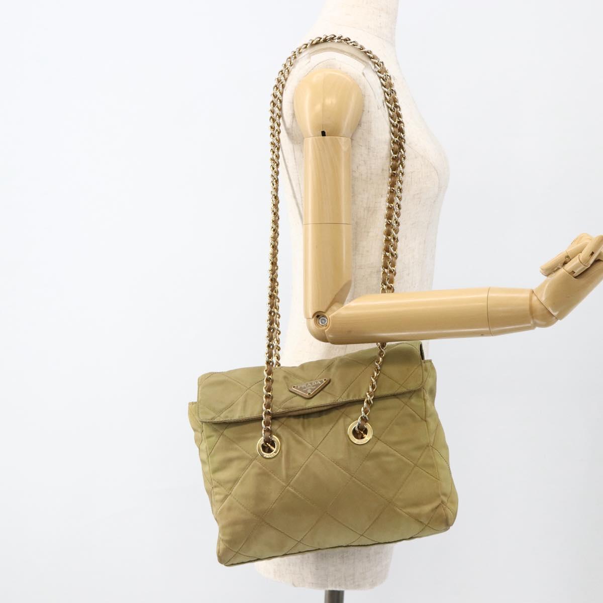 PRADA Chain Shoulder Bag Nylon Green Gold Auth YKZ308