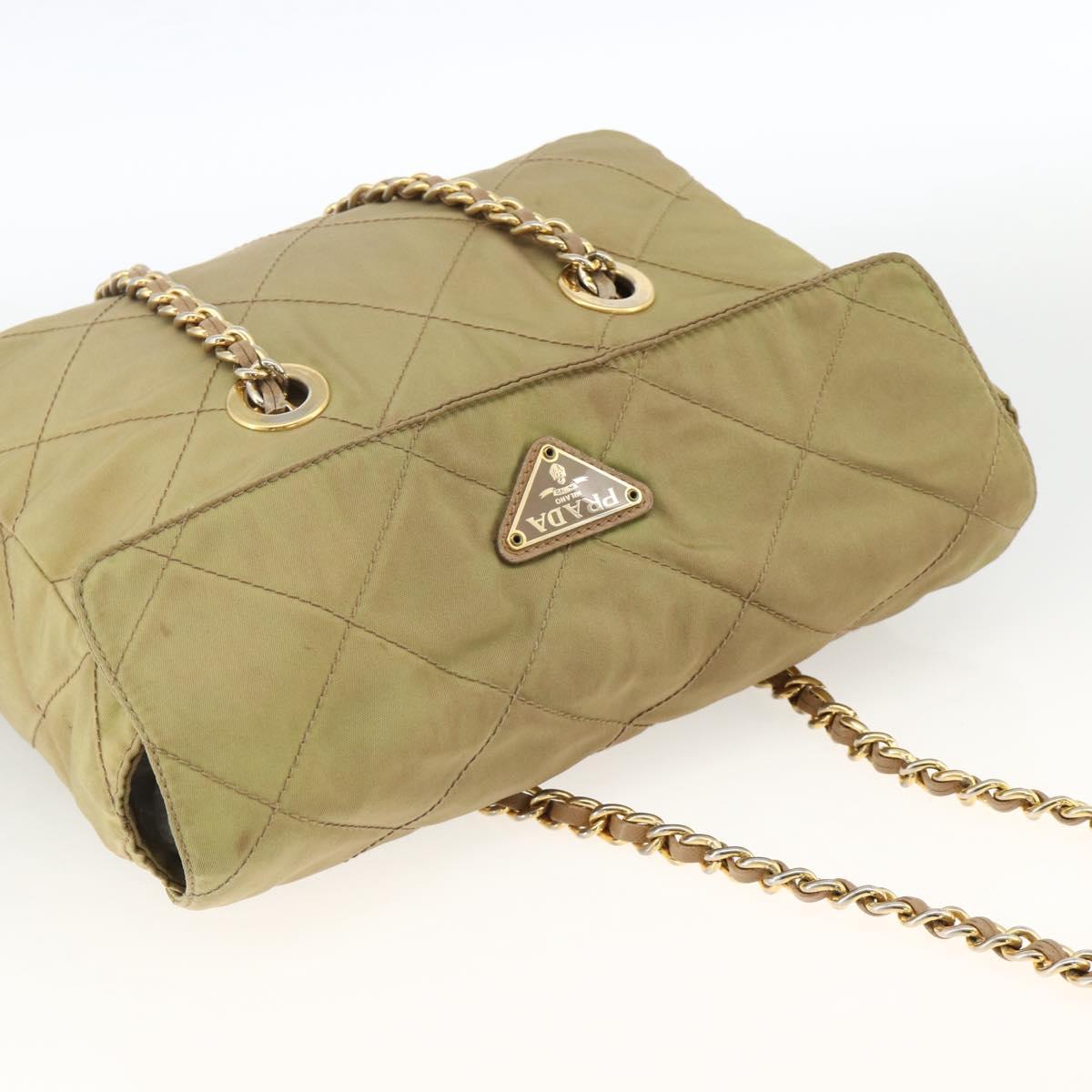 PRADA Chain Shoulder Bag Nylon Green Gold Auth YKZ308