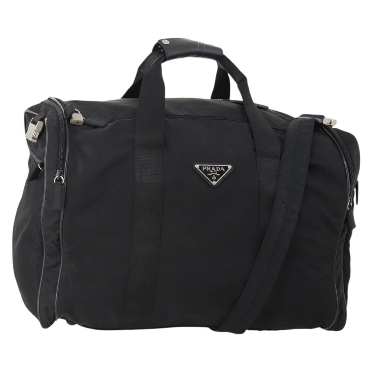 PRADA Boston Bag Nylon 2way Black Silver Auth YKZ331