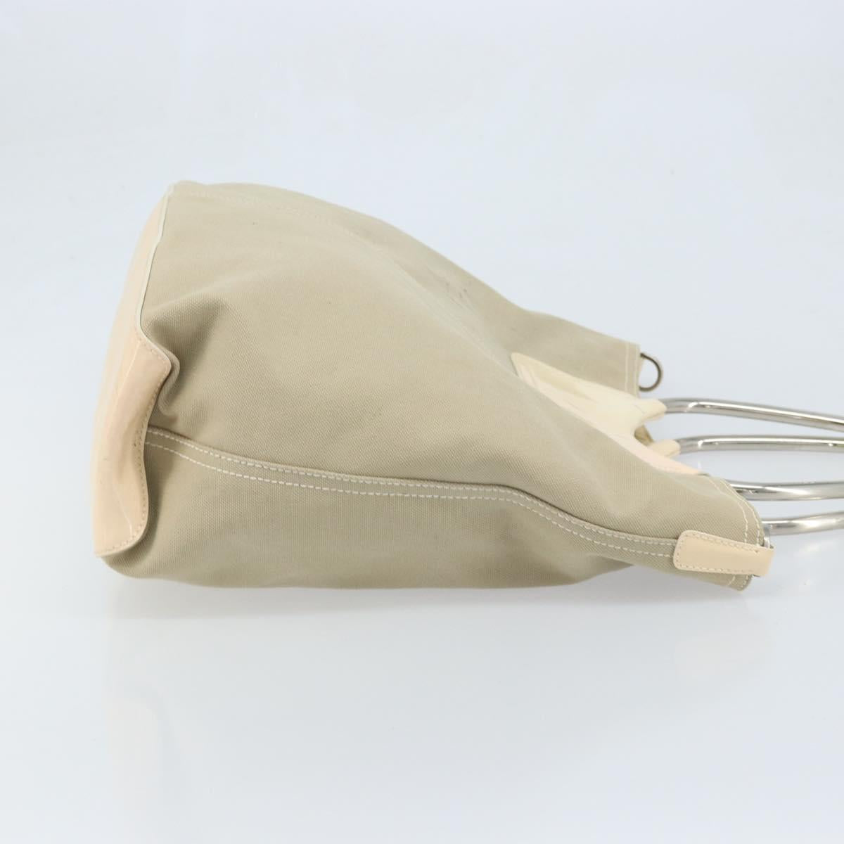 PRADA Hand Bag Canvas Beige Silver Auth YKZ359