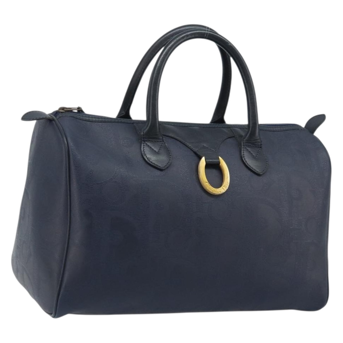 Christian Dior Trotter Canvas Boston Bag PVC Navy Gold Auth YKZ360A