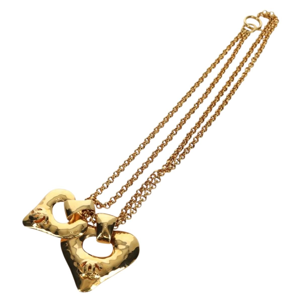 CHANEL Heart Necklace metal Gold Tone CC Auth YKZ408M