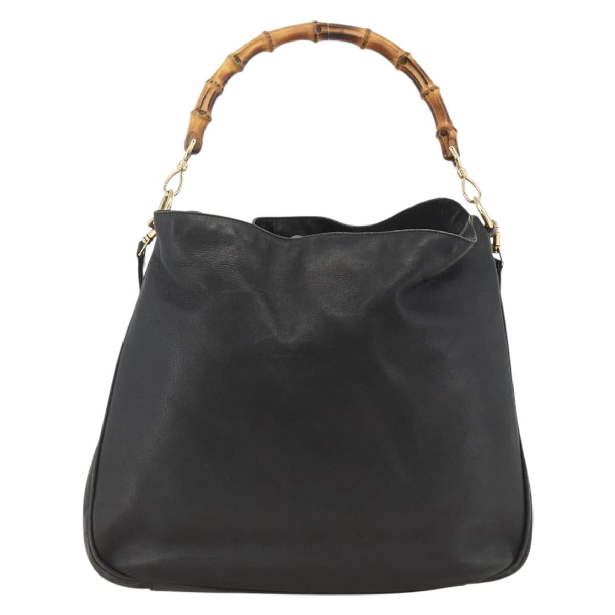 GUCCI Bamboo Shoulder Bag Leather 2way Black Gold 001 1577 Auth YKZ474