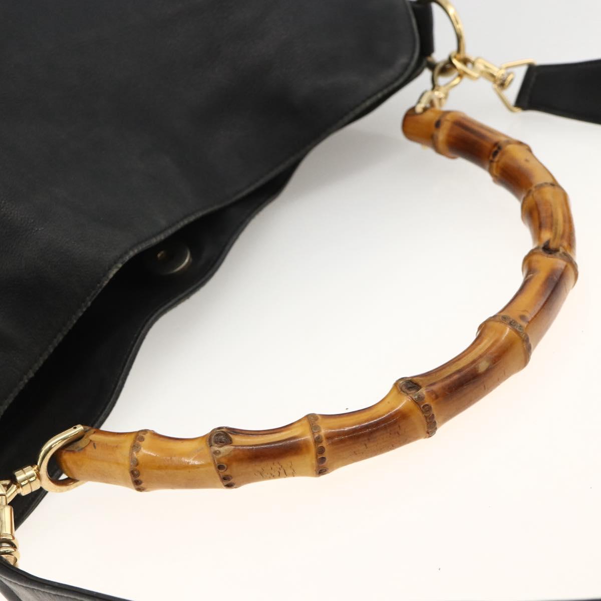 GUCCI Bamboo Shoulder Bag Leather 2way Black Gold 001 1577 Auth YKZ474