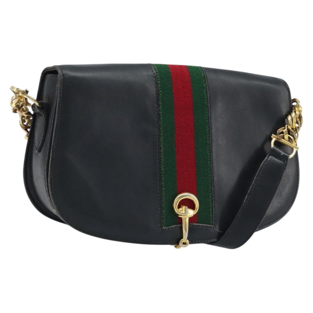 GUCCI Horsebit Web Sherry Line Shoulder Bag Leather Black Gold Red Auth YKZ497