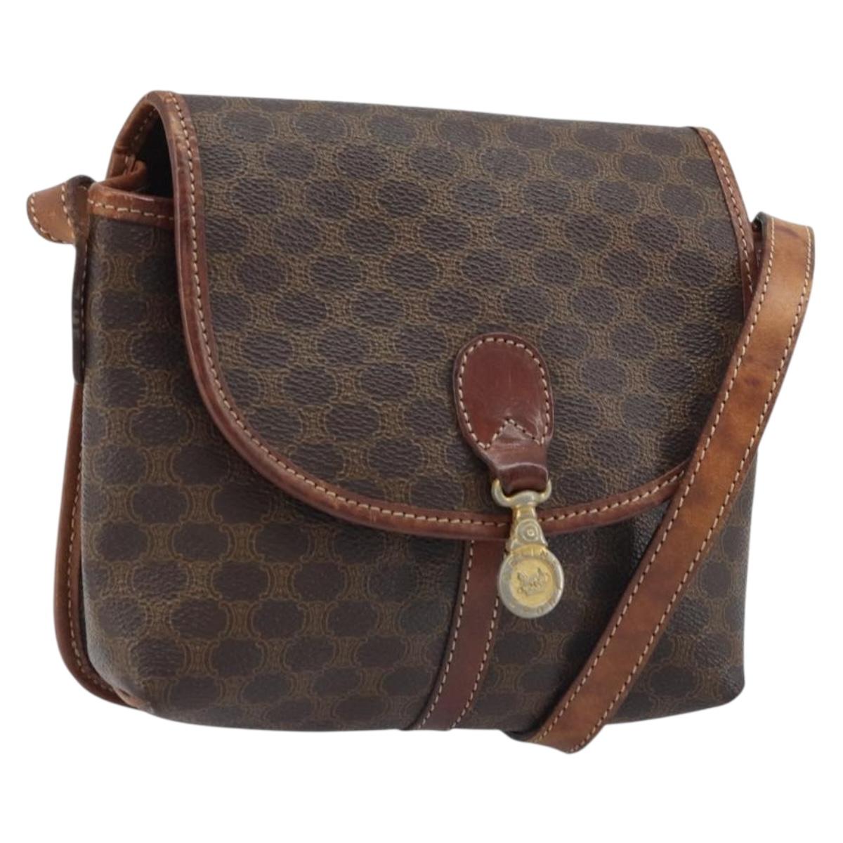 CELINE Macadam Canvas Shoulder Bag PVC Leather Brown Gold Auth YKZ517