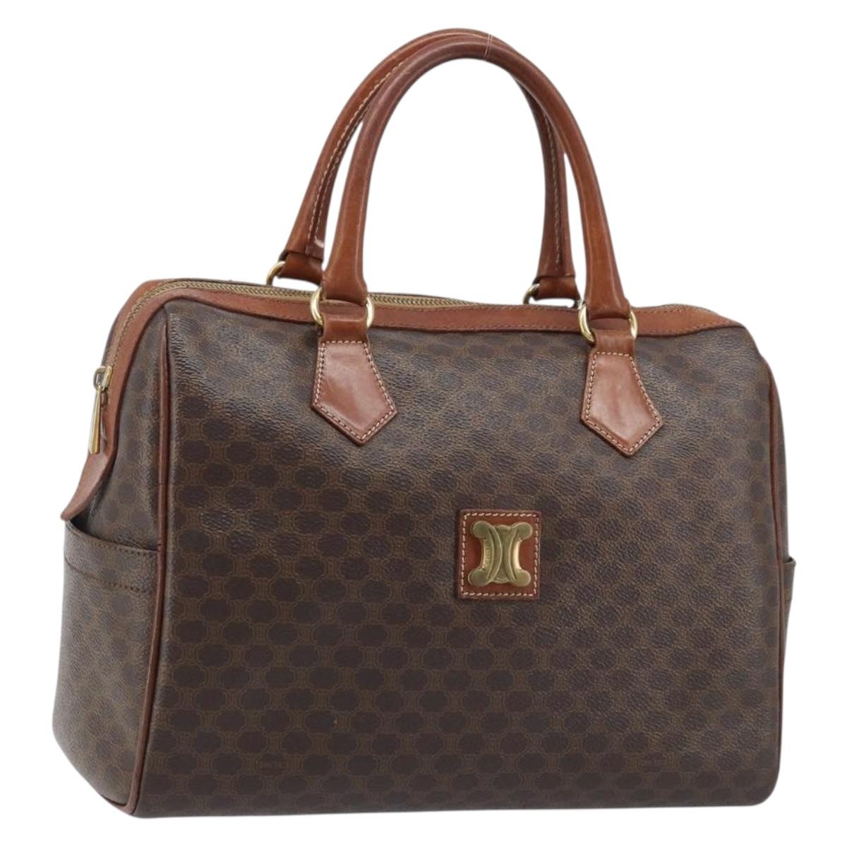 CELINE Macadam Canvas Boston Bag PVC Leather Brown Gold Auth YKZ518