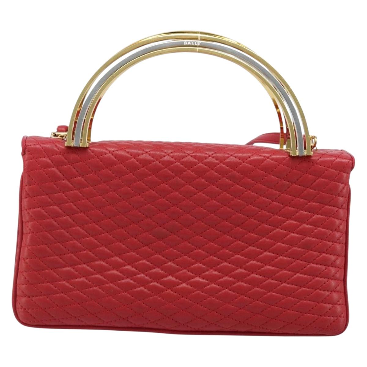 BALLY Hand Bag Leather 2way Red Gold Auth YKZ519A