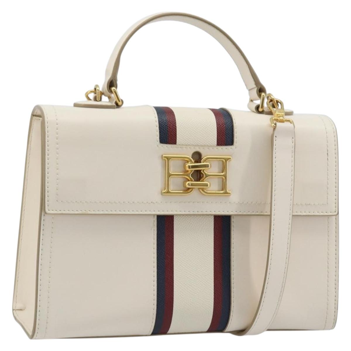 BALLY Hand Bag Leather 2way White Gold Auth YKZ532A
