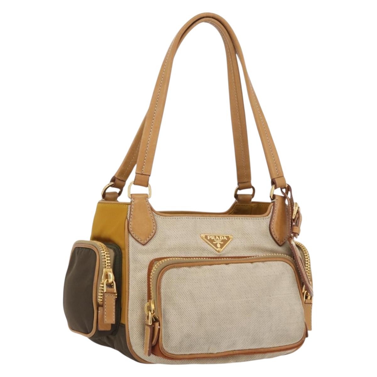 PRADA Hand Bag Canvas Gold Beige Auth YKZ552A