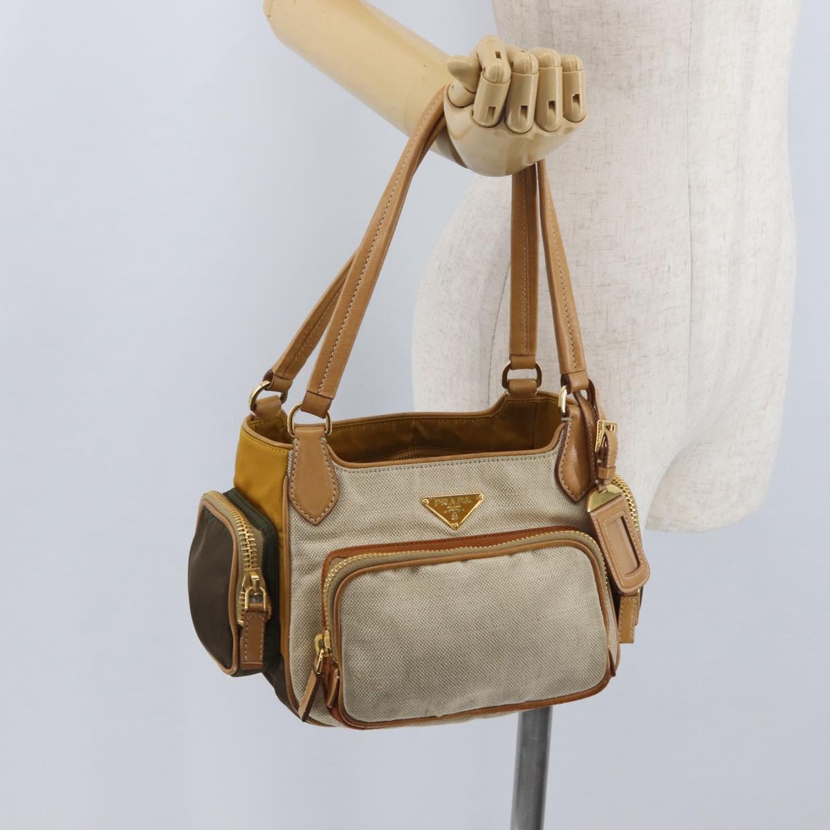 PRADA Hand Bag Canvas Gold Beige Auth YKZ552A