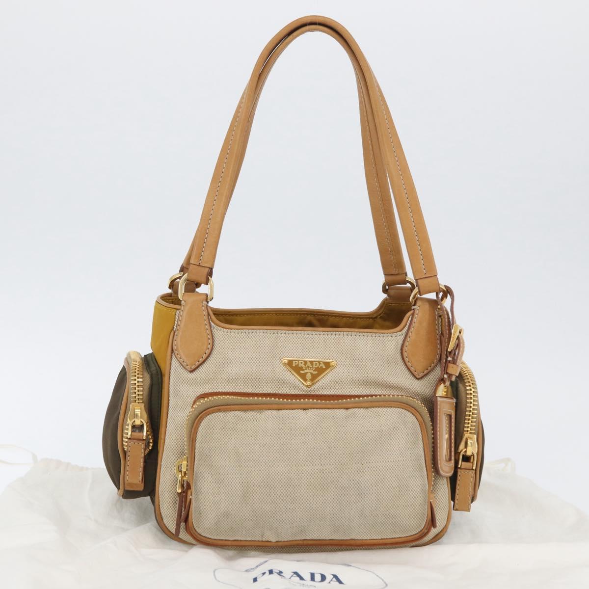 PRADA Hand Bag Canvas Gold Beige Auth YKZ552A