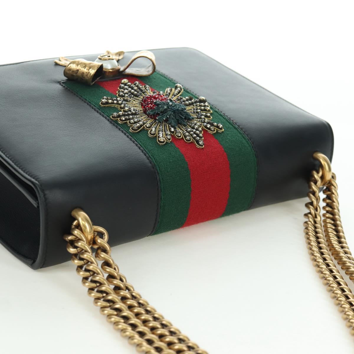GUCCI Chain Web Sherry Line Shoulder Bag Leather Black Gold 432280 Auth YKZ566M