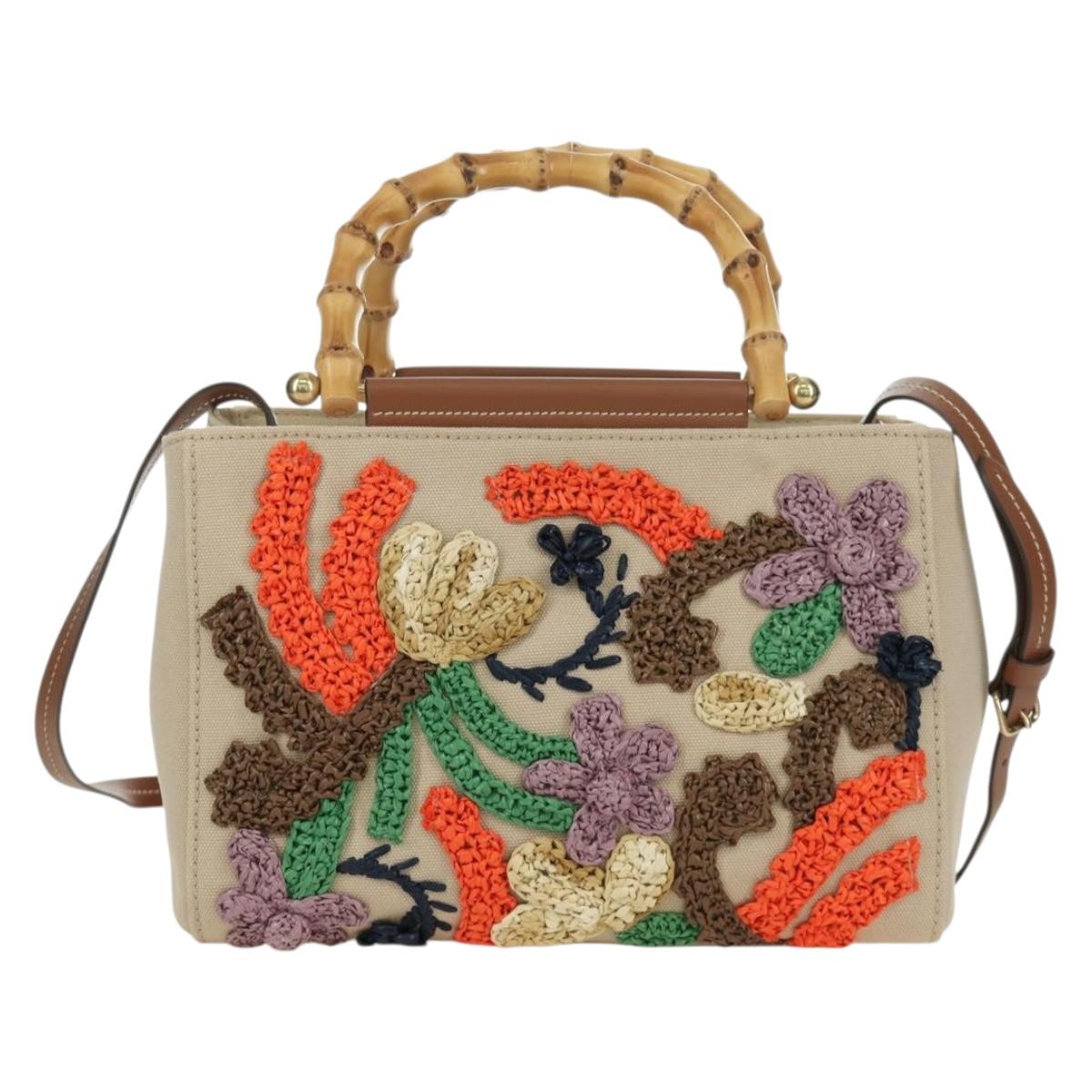 Miu Miu Bamboo Hand Bag Canvas 2way Beige Gold Auth YKZ585SAM