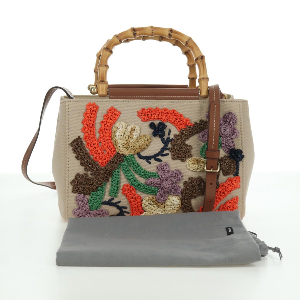Miu Miu Bamboo Hand Bag Canvas 2way Beige Gold Auth YKZ585SAM
