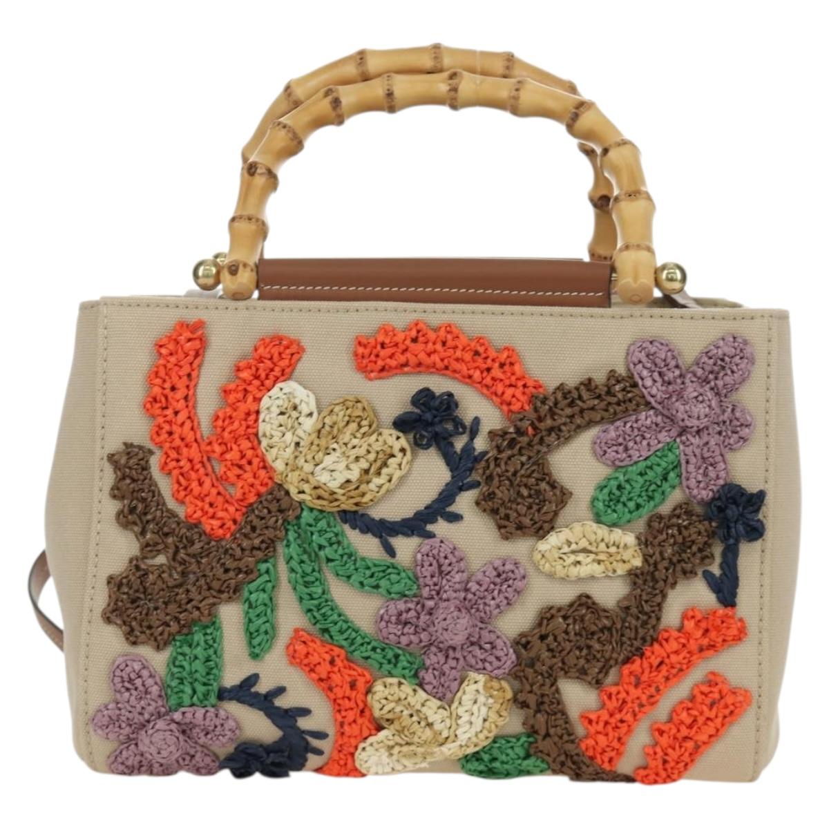 Miu Miu Bamboo Hand Bag Canvas 2way Beige Gold Auth YKZ585SAM