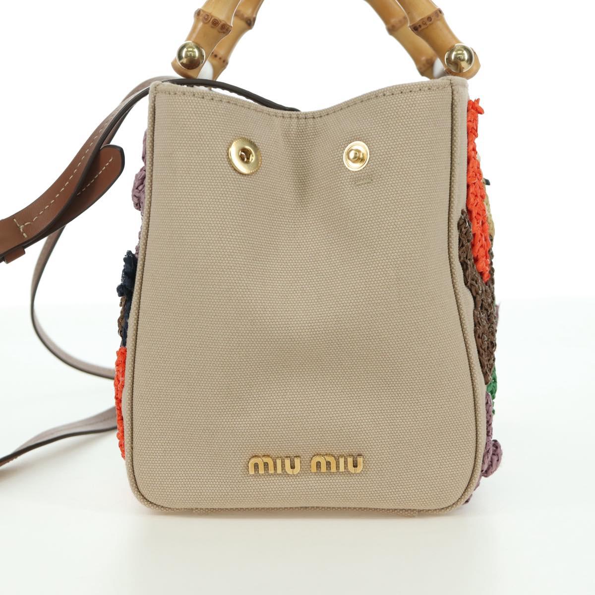 Miu Miu Bamboo Hand Bag Canvas 2way Beige Gold Auth YKZ585SAM