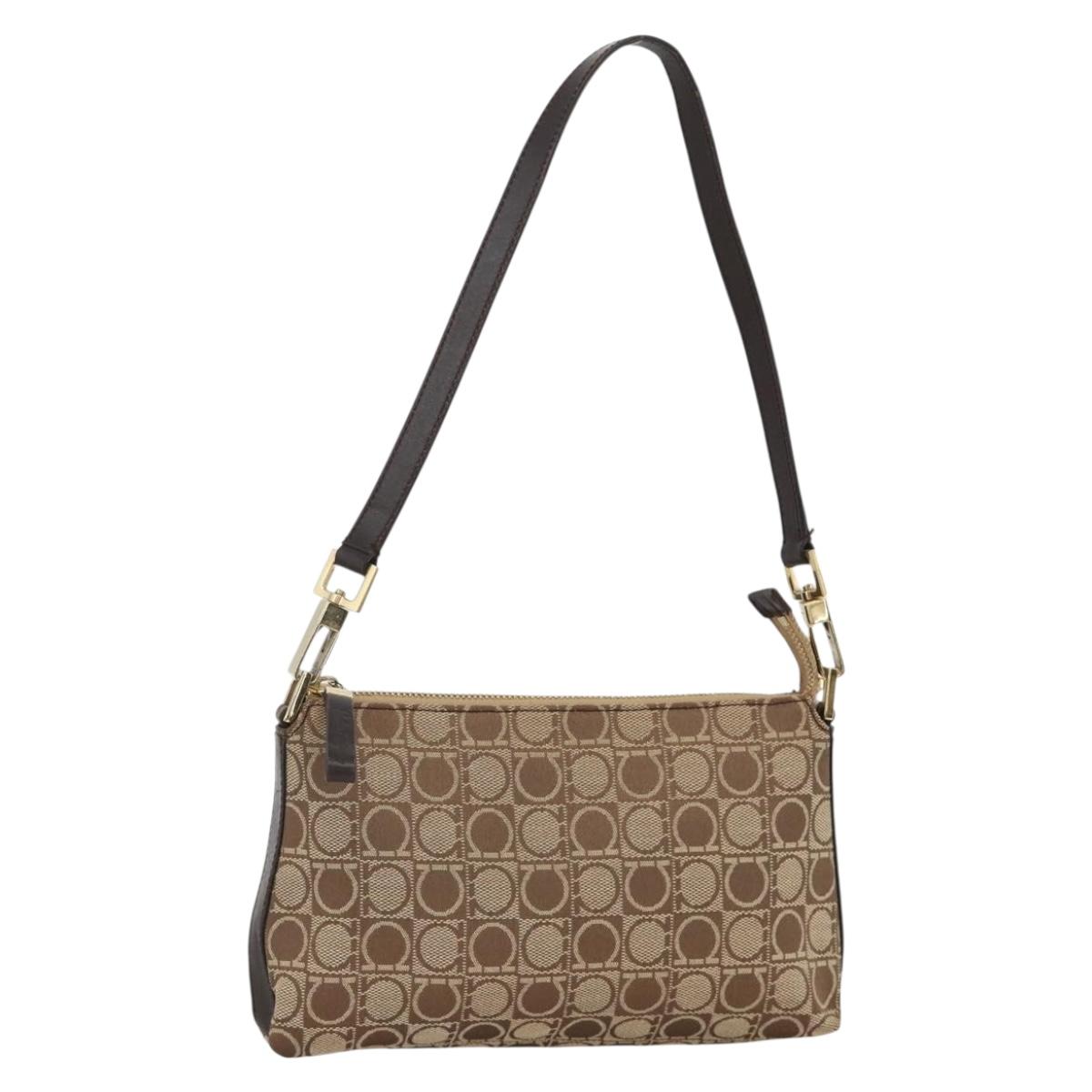 Salvatore Ferragamo Gancini Shoulder Bag Nylon Brown Gold Auth YKZ614