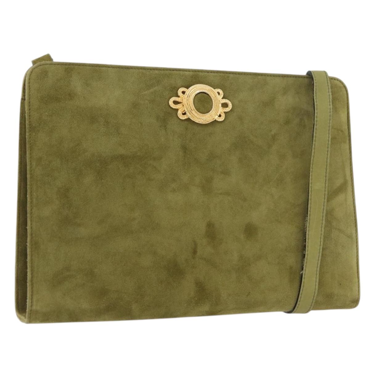Salvatore Ferragamo Shoulder Bag Suede Green Gold Auth YKZ621