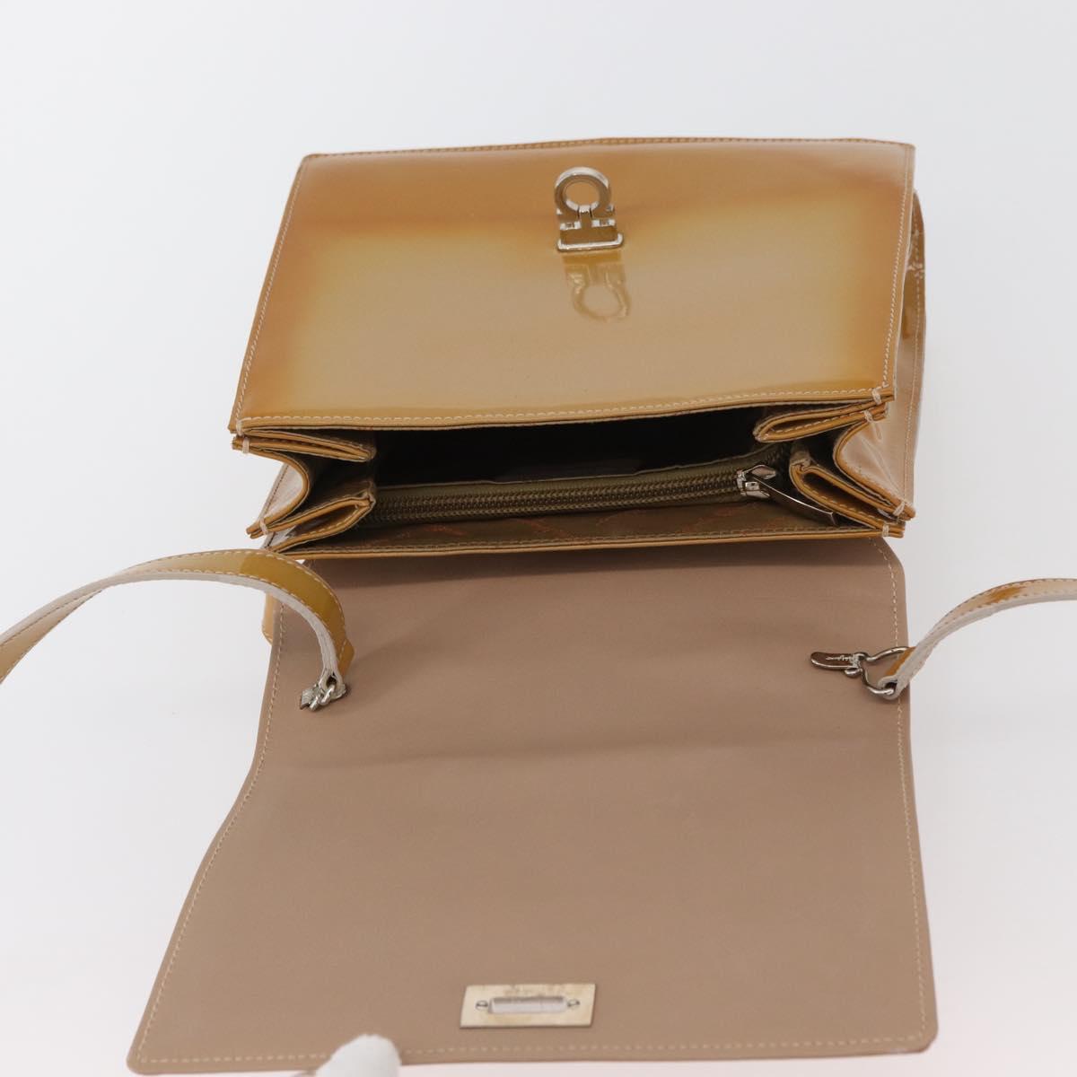 Salvatore Ferragamo Hand Bag Patent leather 2way Beige Silver Auth YKZ631