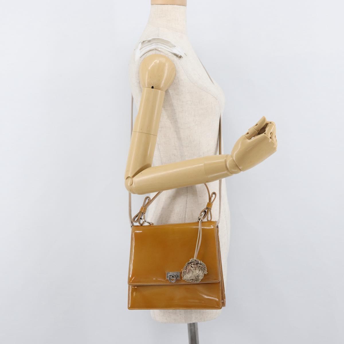 Salvatore Ferragamo Hand Bag Patent leather 2way Beige Silver Auth YKZ631
