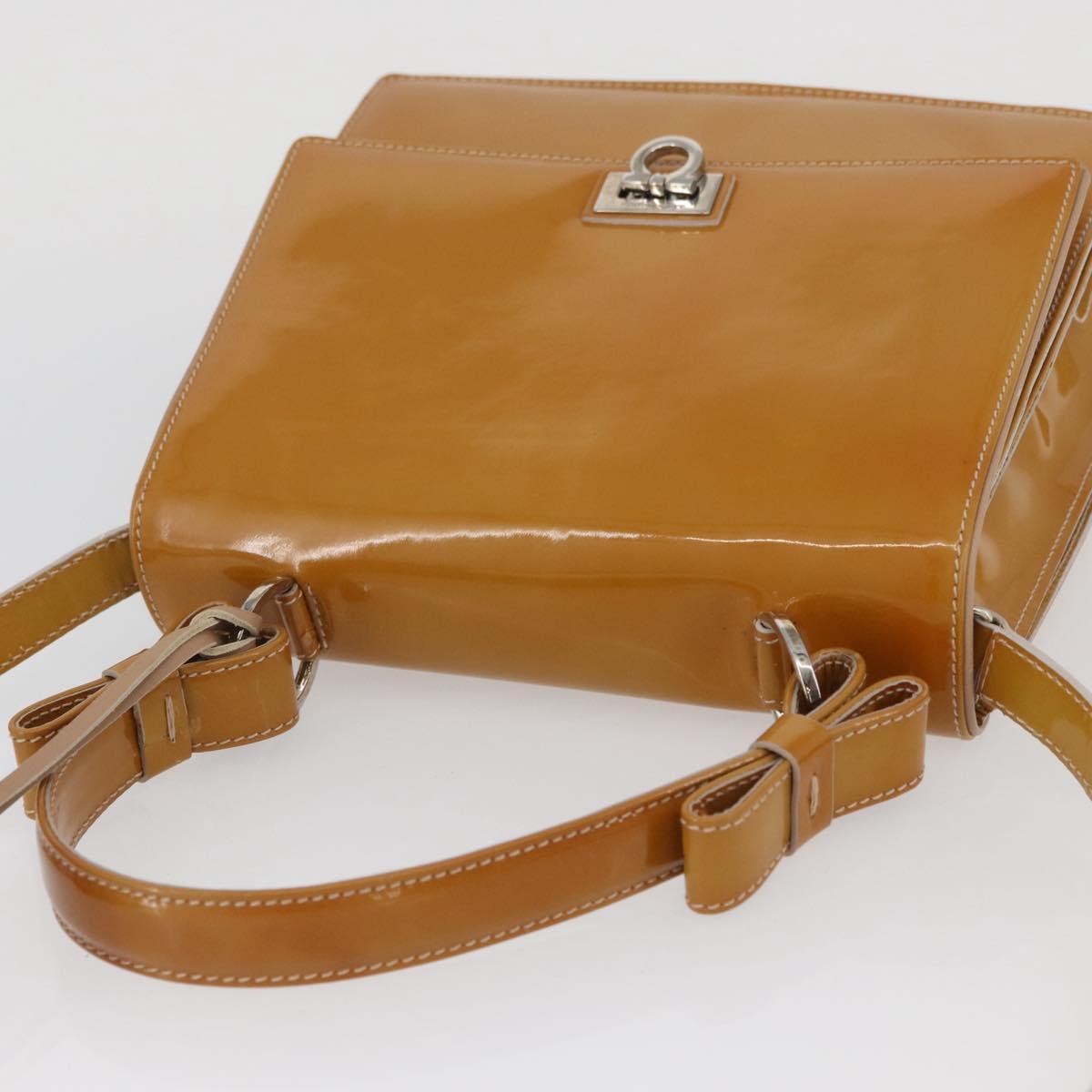 Salvatore Ferragamo Hand Bag Patent leather 2way Beige Silver Auth YKZ631