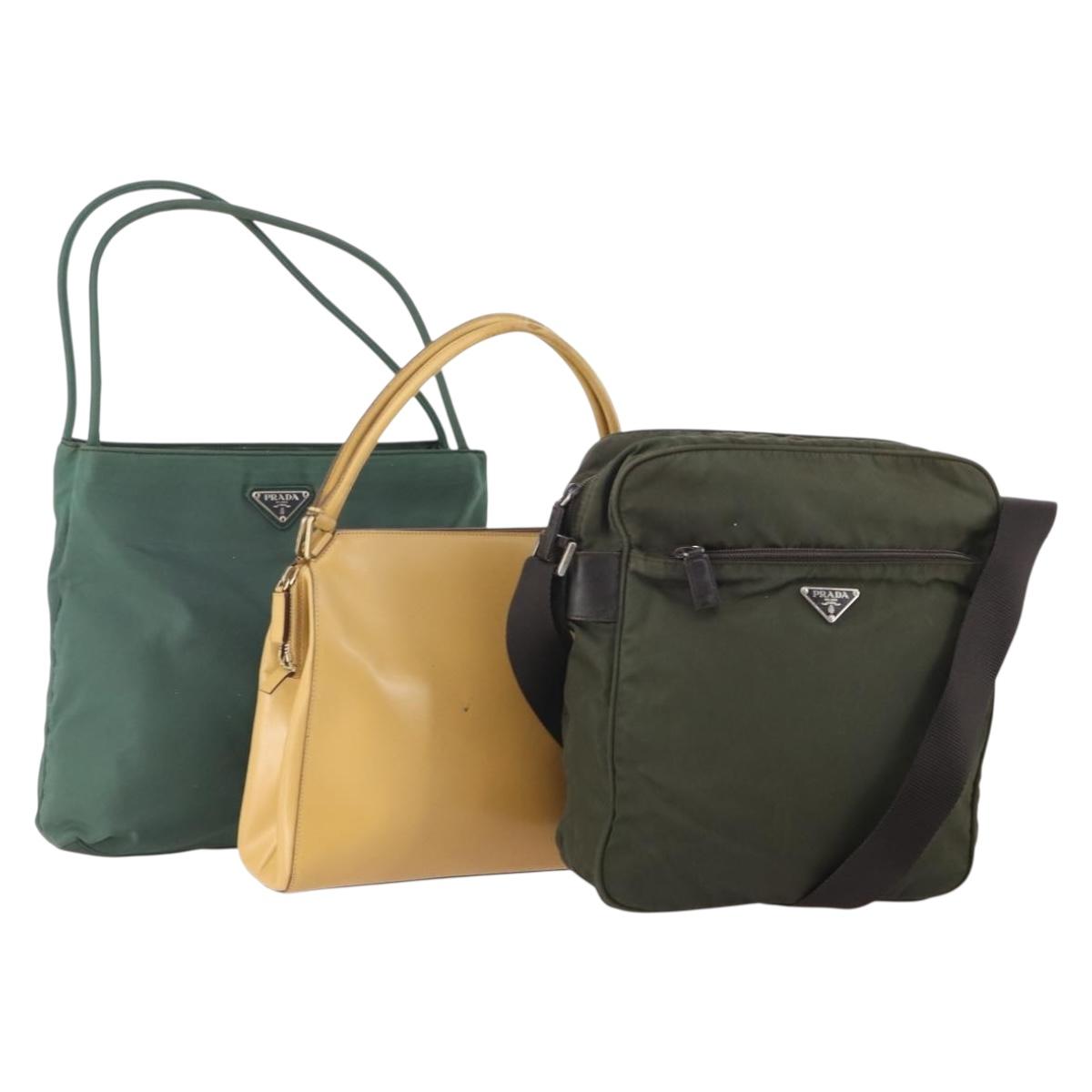 PRADA Shoulder Bag Nylon Leather 3 Set Beige Khaki Auth YKZ717