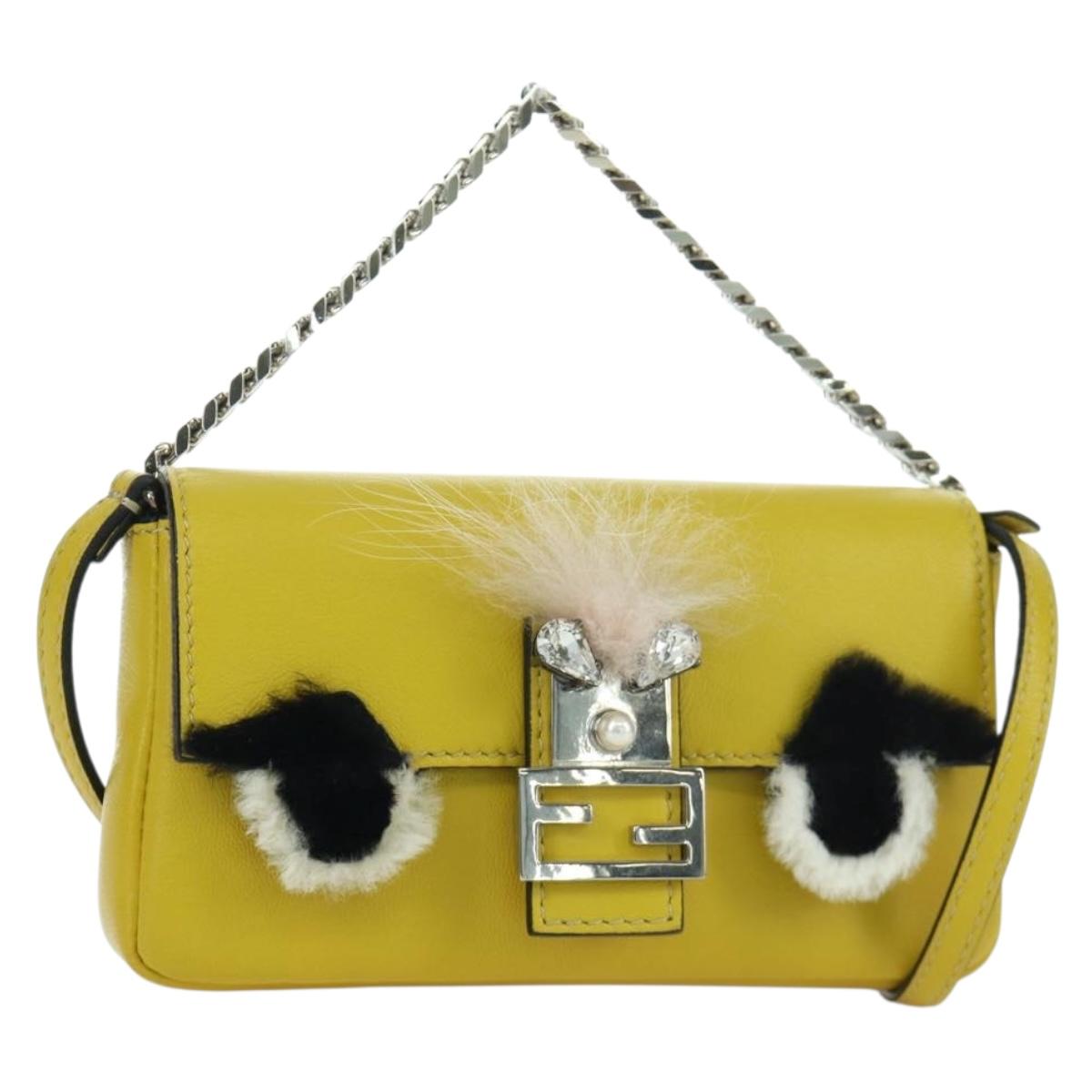 FENDI Monster Micro Bucket Shoulder Bag Leather 2way Yellow Silver Auth YKZ725A