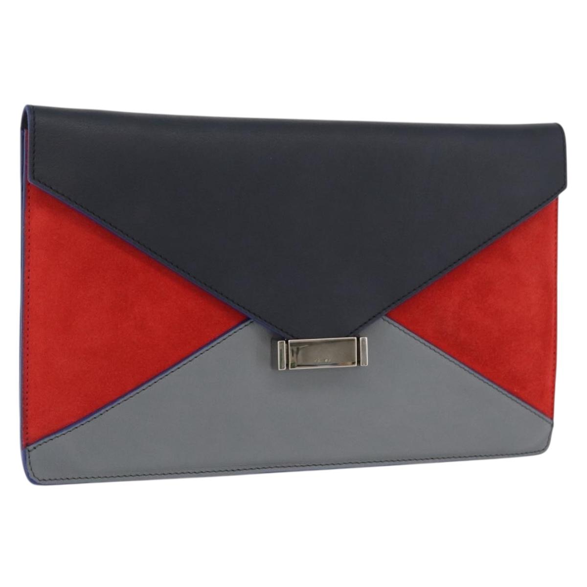 CELINE Clutch Bag Leather Navy Silver Auth YKZ733A