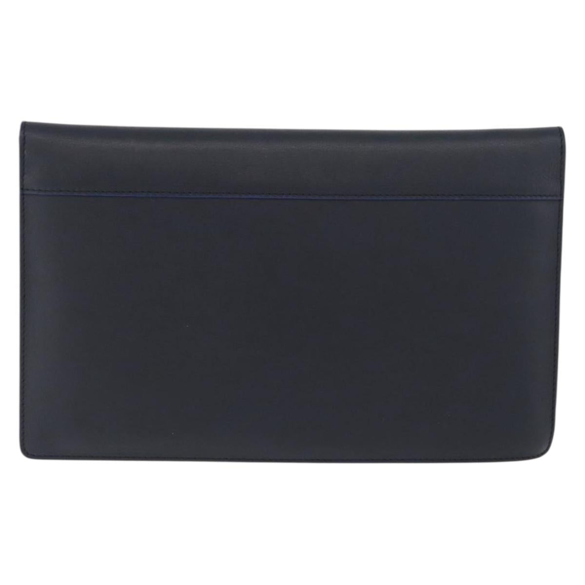 CELINE Clutch Bag Leather Navy Silver Auth YKZ733A
