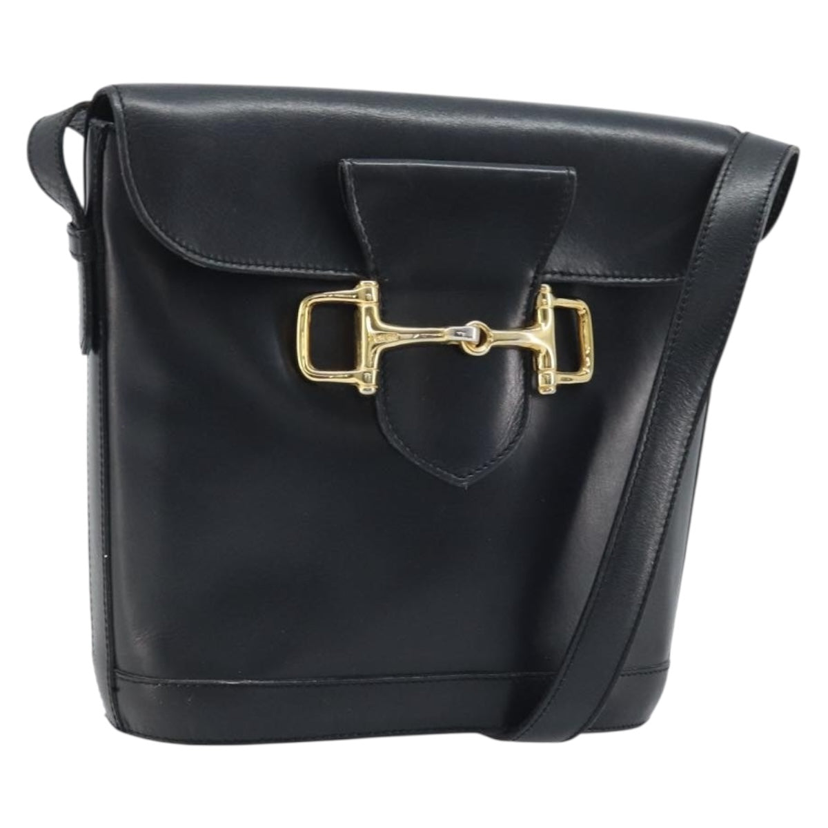 CELINE Horsebit Shoulder Bag Leather Black Gold Auth YKZ776A