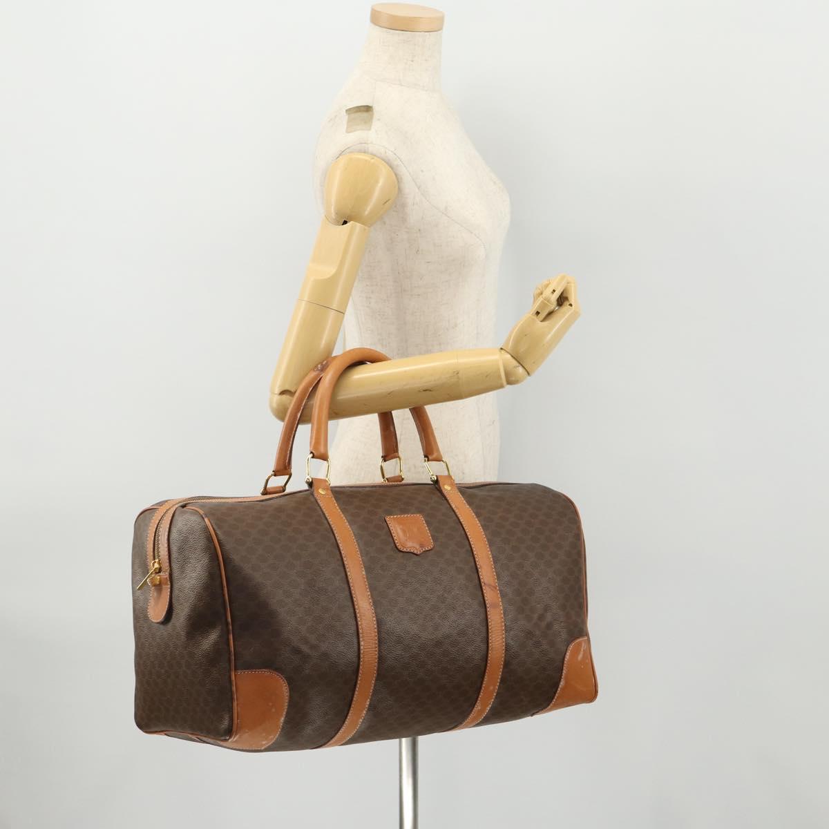 CELINE Macadam Canvas Boston Bag PVC Leather Brown Gold Auth YKZ788
