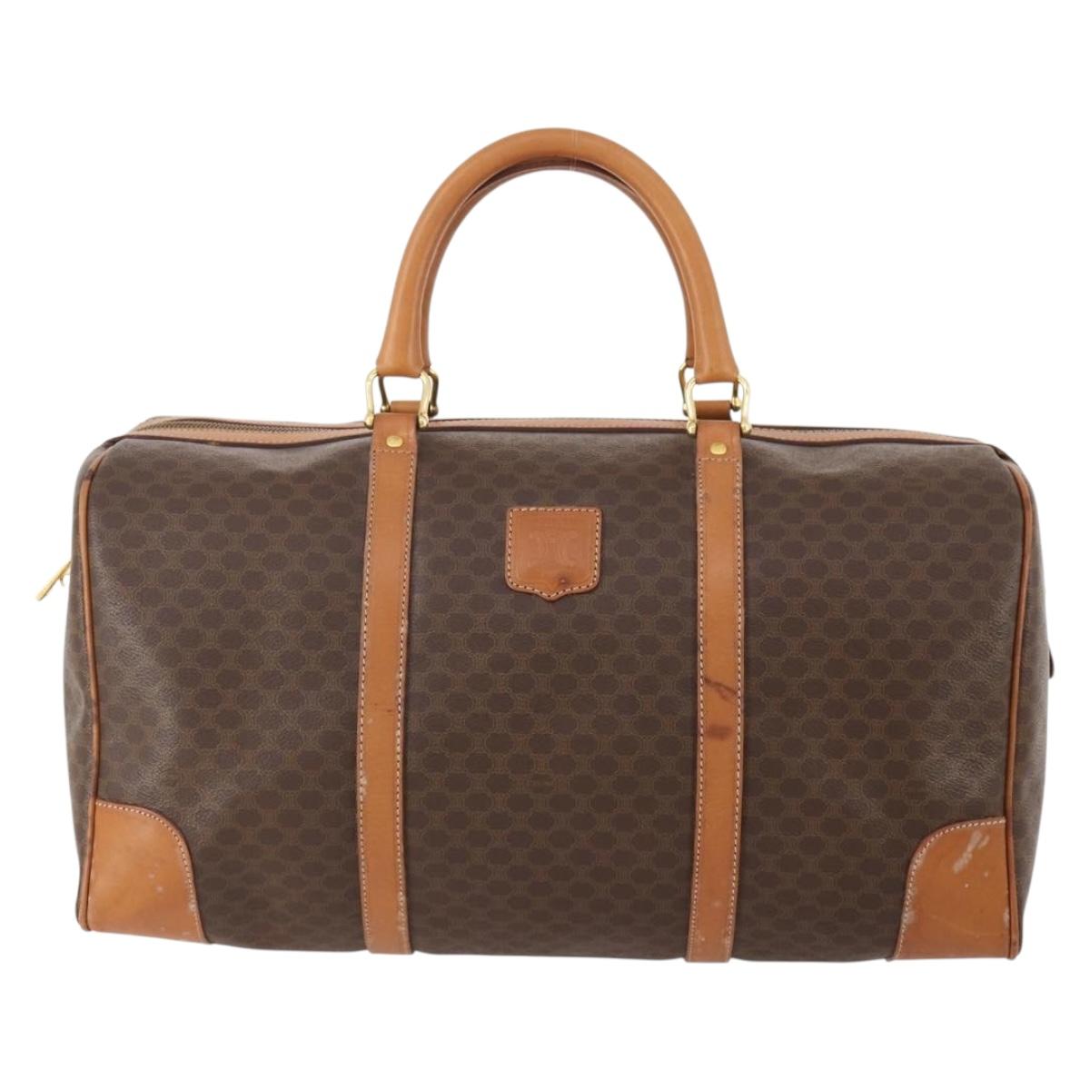 CELINE Macadam Canvas Boston Bag PVC Leather Brown Gold Auth YKZ788