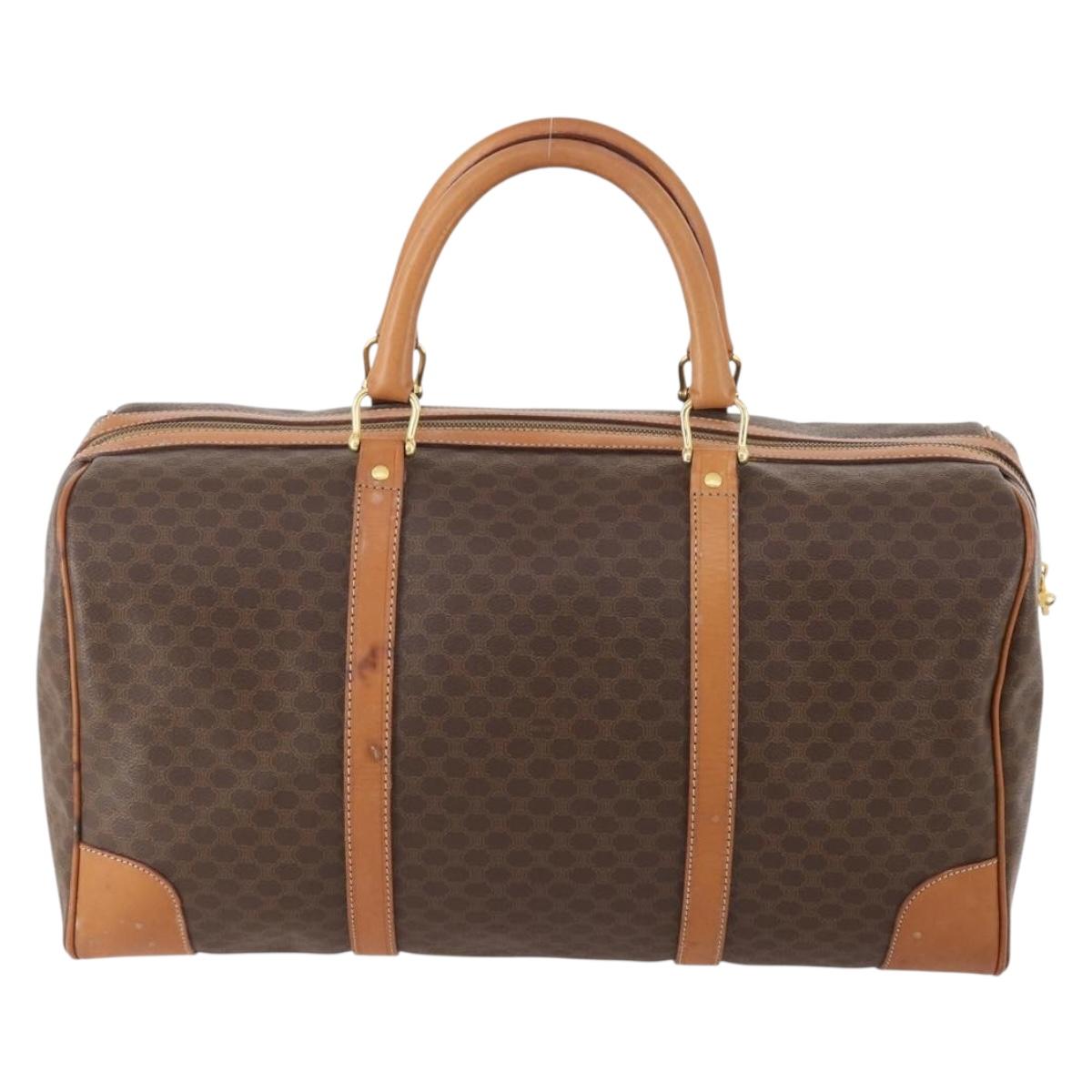 CELINE Macadam Canvas Boston Bag PVC Leather Brown Gold Auth YKZ788