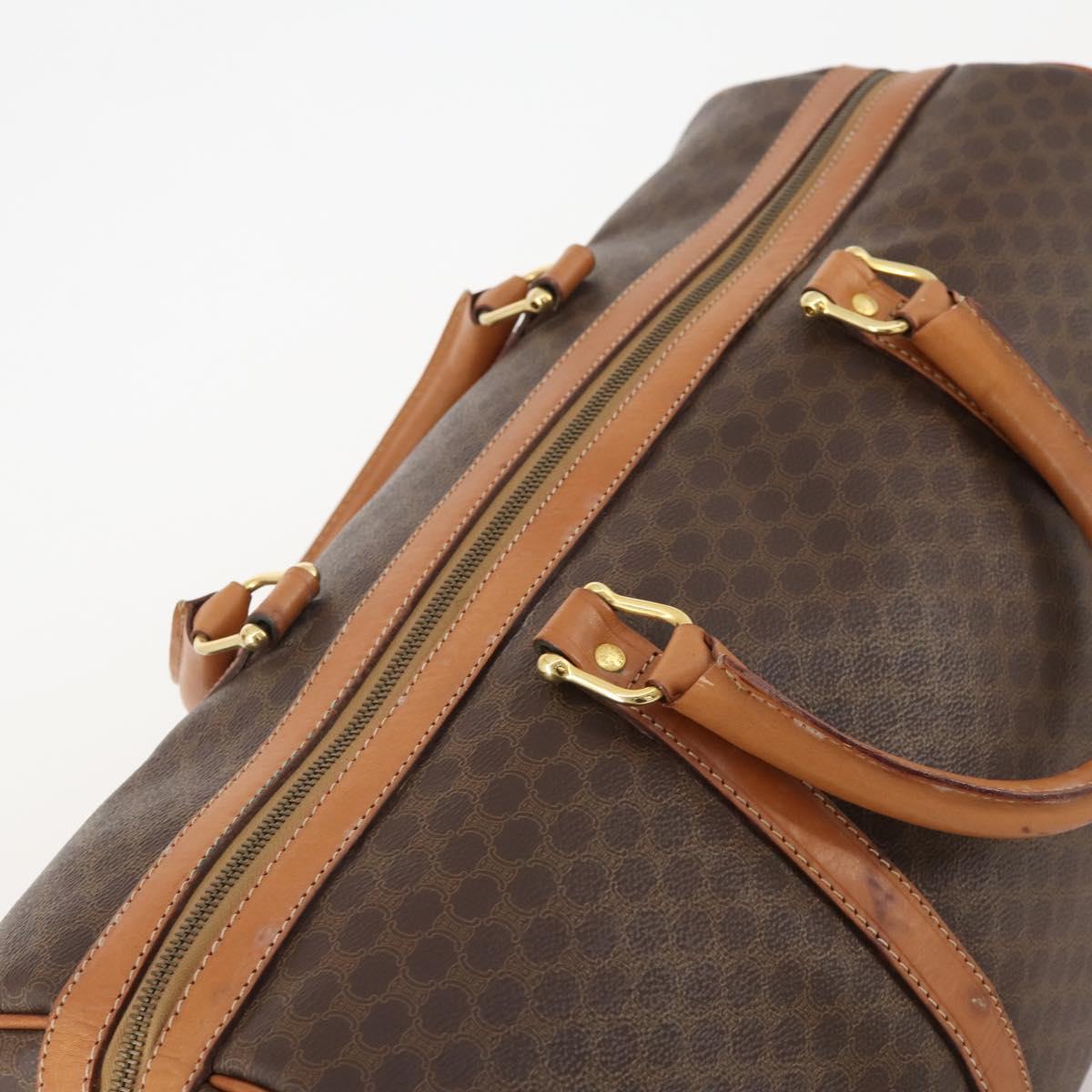 CELINE Macadam Canvas Boston Bag PVC Leather Brown Gold Auth YKZ788