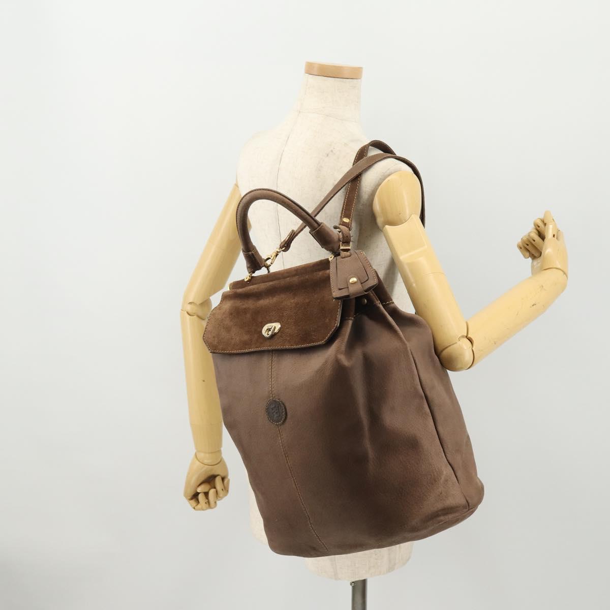 FENDI Shoulder Bag Suede 2way Brown Gold Auth YKZ803
