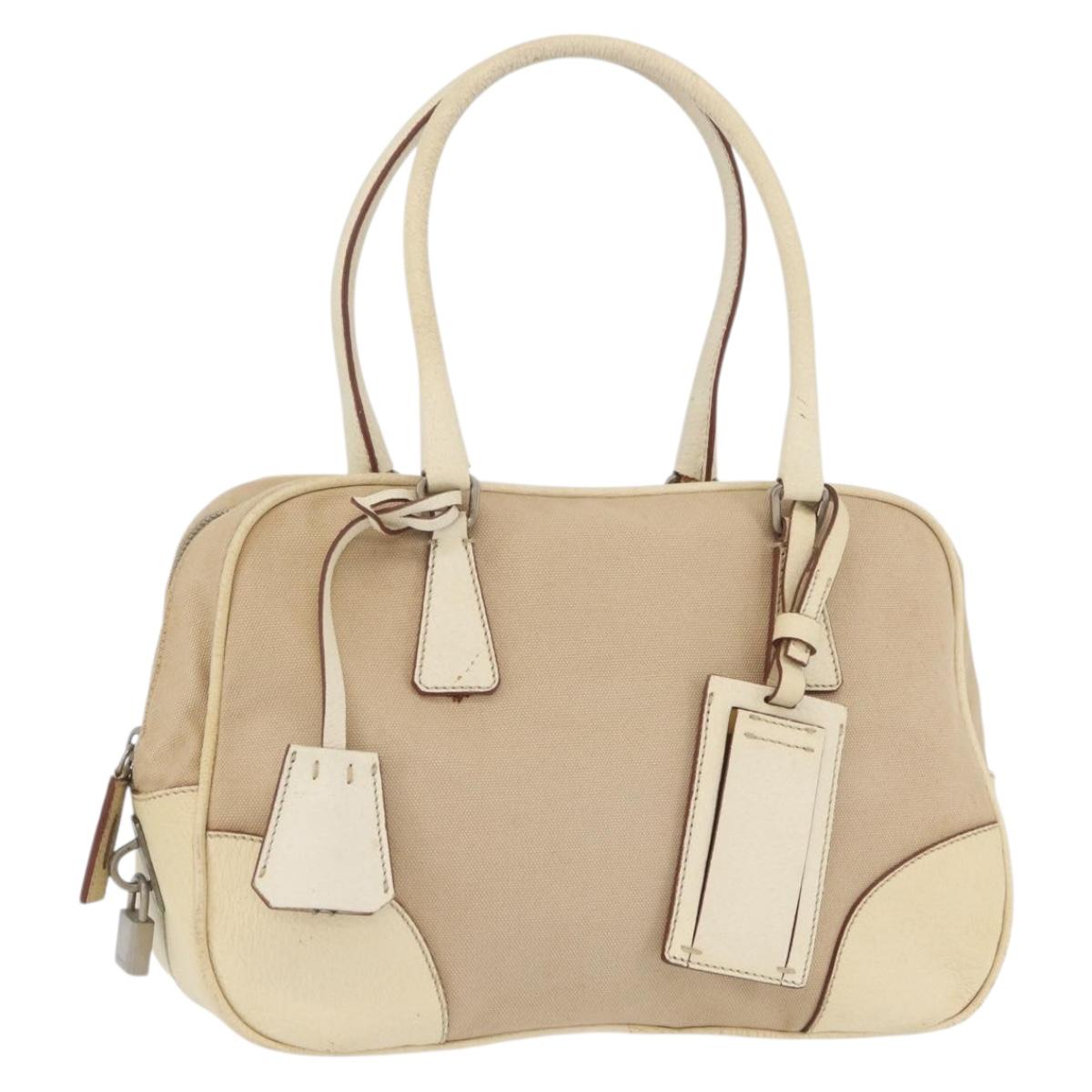 PRADA Hand Bag Canvas Beige Silver Auth YKZ813