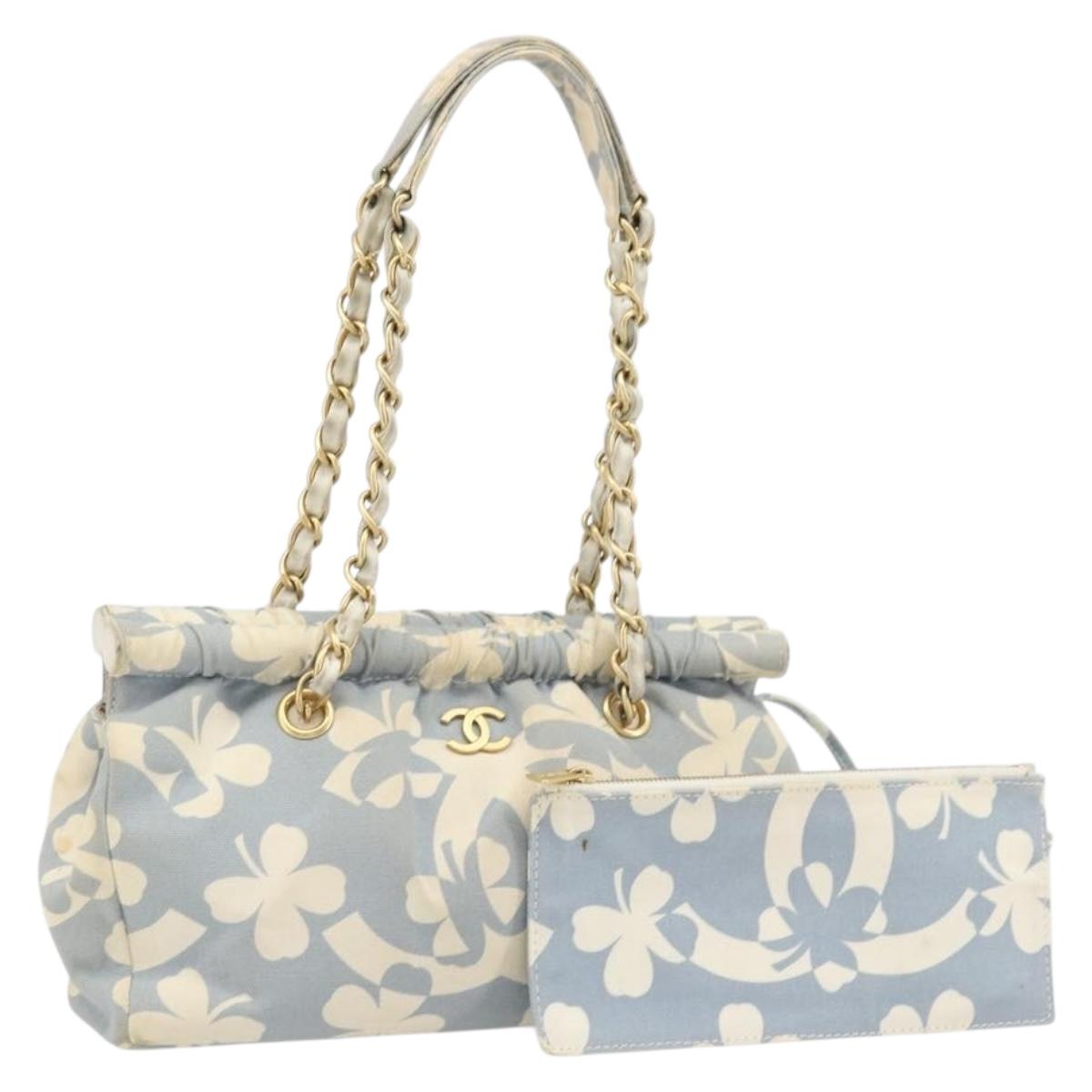 CHANEL COCO Mark Chain Shoulder Bag Canvas Light Blue Gold CC Auth YKZ826A