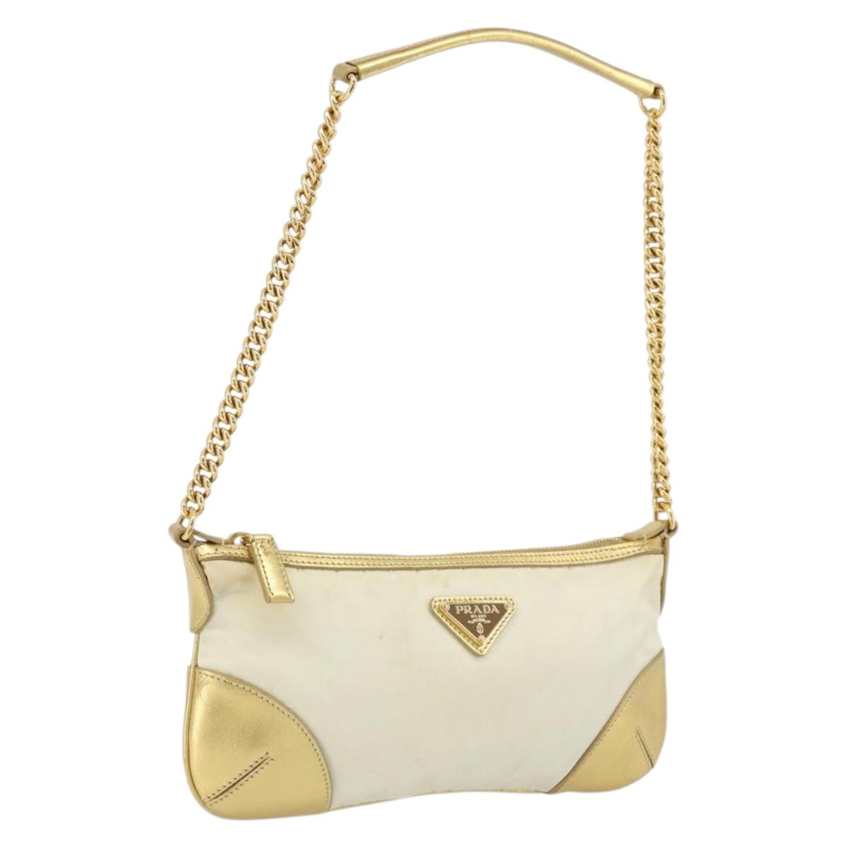 PRADA Chain Shoulder Bag Nylon White Gold Auth YKZ849A